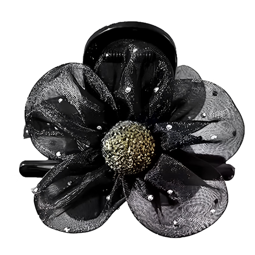 2025 New Mesh Flower Clip Feminine Shark Clip Half-tied Hairpin High Ponytail Korean Style Back of Head Hair Black Flash Diamond Sunflower Clip 1 Pack