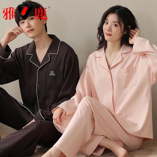Yalu Couple Pajamas Spring and Autumn Long Sleeve Pure Cotton Men and Women Casual Cute Cartoon Spring Autumn and Winter New Home Clothing Set A17805# XL Men's Single Set