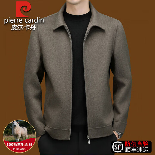 Pierre Cardin high-end brand double-sided woolen jacket for men 2025 autumn and winter new thickened 100% sheep wool warm lapel jacket gray brown XL 180 size 140-160Jin Jin equals 0.5 kg