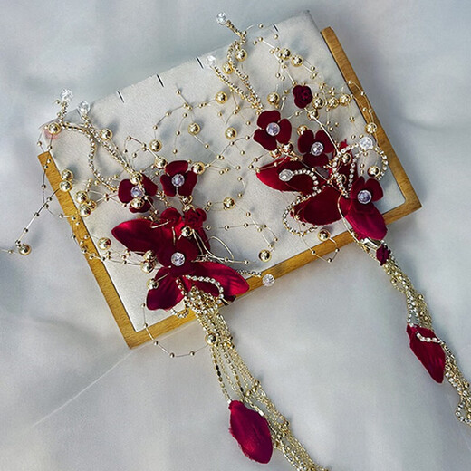 QBILY Bridal Headwear Burgundy Flower Earrings Set Tassel Hairpin Wedding Toast Clothes Xiuhe Accessories Headwear Burgundy Flower Hairpin + Earrings