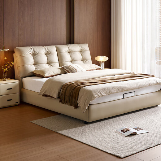 Quanyou Home First-layer cowhide soft-covered backrest master bedroom double bed 1.8x2 meters new style Italian minimalist leather art bed