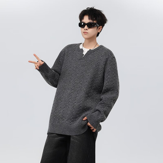 American retro twist design sweater for men and women, lazy henley collar loose pullover sweater for men and women, gray thick XL