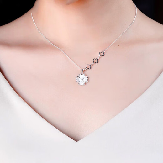 S999 sterling silver necklace for women, cat's eye stone, four-leaf clover bone chain pendant, light luxury and simplicity, a Chinese Valentine's Day gift for girlfriend 1355DZ-Silver-S999 pure silver
