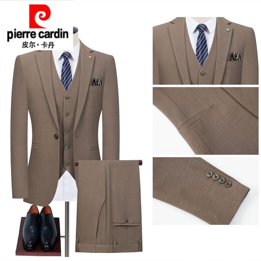 Pierre Cardin high-end pure wool suit men's autumn and winter middle-aged business formal slim fit suit dress suit khaki one button suit + trousers + vest 4XL 195 size