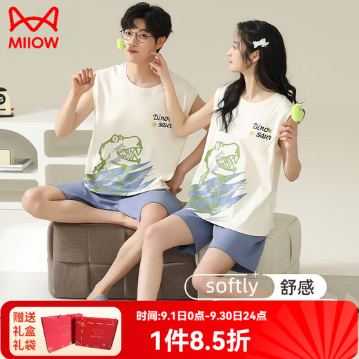 猫人（MiiOW）100%纯棉情侣睡衣一男一女夏天薄款可外穿卡通无袖背心家居服套装 719 M 女送男L