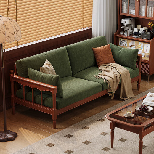 Yayuan leisure fabric sofa 2025 new style retro boxwood home living room straight three-seat solid wood sofa cotton and linen green striped three-seat sofa (soft and comfortable, skin-friendly and breathable) 2100*880*850mm