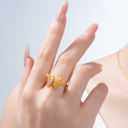 Chow Tai Sang gold ring pure gold glitter butterfly ring heartbeat butterfly dance fluorescent enamel birthday gift for girlfriend No. 12