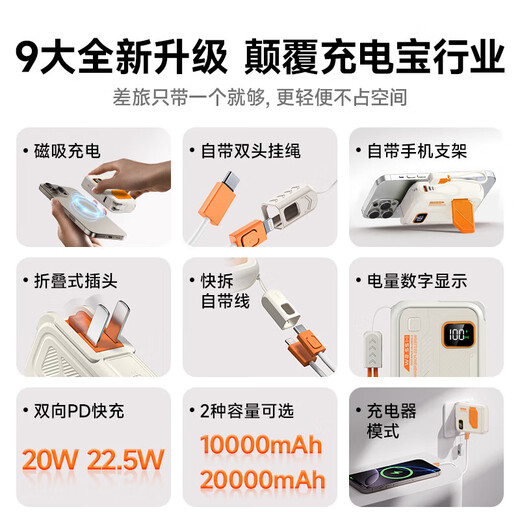 Elafo 3C certified, can be used on airplanes, magnetic power bank 20,000 mAh, comes with plug, Magsafe fast charge, comes with cord, large-capacity mobile power supply, five-in-one, suitable for Apple, flagship version | 20,000 mAh, magnetic + AC plug + comes with cord, beige orange