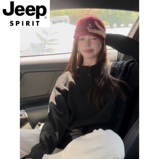 JEEP SPIRIT light gray Henry collar heavy long-sleeved t-shirt for men and women early autumn structured splicing polo shirt high-end couple sweatshirt light gray M recommended 100-115Jin Jin equals 0.5 kg