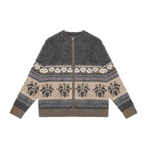 Half circle yarn women's clothing retro 2025 autumn and winter loose stand-up collar Fair Isle pattern knitted sweater for women gray M