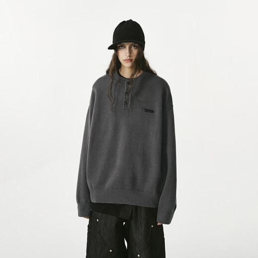 FORNINES relaxed henley collar pullover sweater for men and women in autumn and winter bottoming sweater loose lazy sweater dark gray S