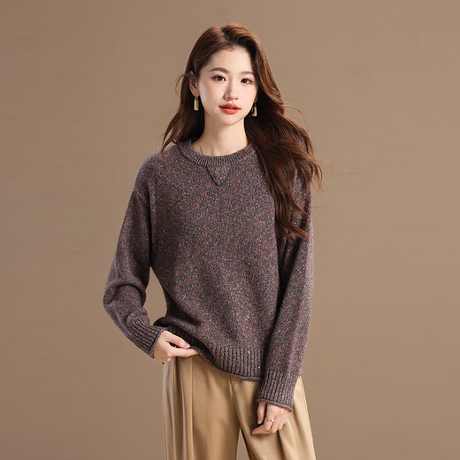 Qianbainian yak velvet simple round neck loose wool sweater for women autumn and winter new fluffy rabbit fur soft warm top gray coffee F