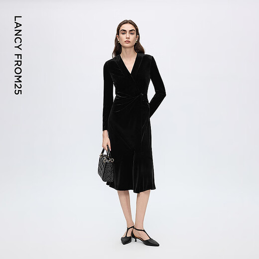 Langzi V-neck fishtail elegant velvet dress high-end workplace slim dress women 2025 winter new style black M