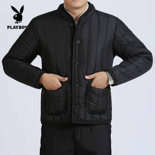 Playboy (PLAYBOY) Middle-aged and old cotton-padded jackets for men, short daddy clothes, plus velvet and thickened labor protection cotton-padded jackets, men's winter tops, grandpa-style jackets, official flagship black 2202 cotton-padded jackets, L recommended 70-90Jin Jin equals 0.5 kg