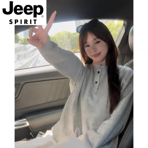 JEEP SPIRIT light gray Henry collar heavy long-sleeved t-shirt for men and women early autumn structured splicing polo shirt high-end couple sweatshirt light gray M recommended 100-115Jin Jin equals 0.5 kg