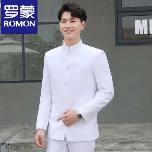 Luo Meng tunic suit men's formal Chinese stand collar suit Chinese wedding dress Chinese style youth spring and autumn Chinese stand collar navy blue single top 2XL 185 weight 155-170Jin Jin is equal to 0.5 kg