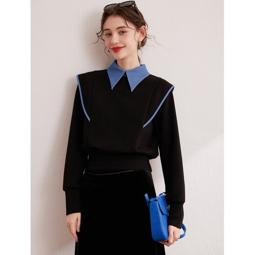 Bailuyu Contrast Color Splicing Fake Two-piece Sweatshirt Autumn New Fashion Pullover Small Flying Sleeves Top for Women Black XL