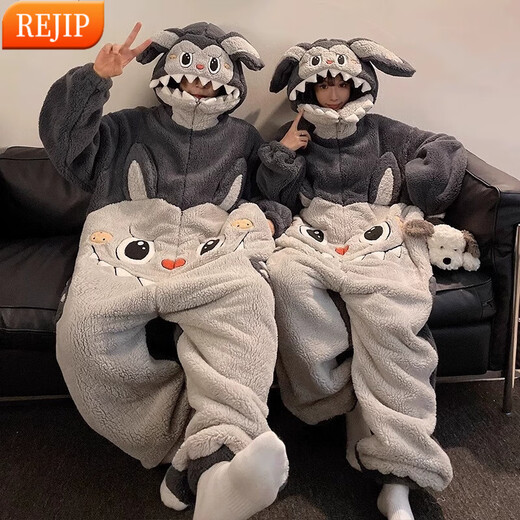 REJIP Ugly Fish Pajamas Women's Autumn and Winter Coral Velvet Couple One-piece Cartoon Funny Nightgown Men's Thickened Plus Size Nightgown New Bear One-piece Pajamas S (recommended height 150-160CM)