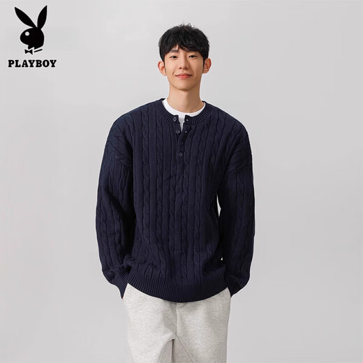 Playboy (PLAYBOY) 2025 New Navy American Henley Collar Sweater Men's Winter Thickened Men's Knitted Sweater Twist Inner Top Navy Blue 2.0 XL