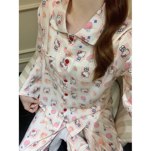 Hengyuanxiang pajamas with chest pad for women in spring and autumn cute cartoon kt cat long sleeves 2025 new casual suit home clothing 16886 Cat bear fixed chest pad XL