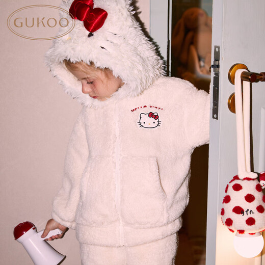 Nutshell/Gutshell Pajamas Winter HelloKitty Co-branded New Plush Warm Parent-child Home Set D Cow Milk White Set 110 cm