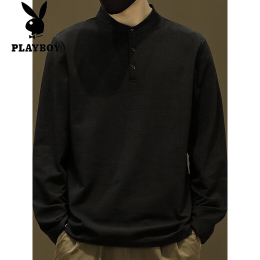 Playboy (PLAYBOY) Henry collar long-sleeved T-shirt for men in spring and autumn solid color retro simple bottoming shirt loose trendy brand versatile stand-up collar sweatshirt Khaki 56119 long sleeve 4XL (about 170-190Jin Jin is equal to 0.5 kg can be worn)