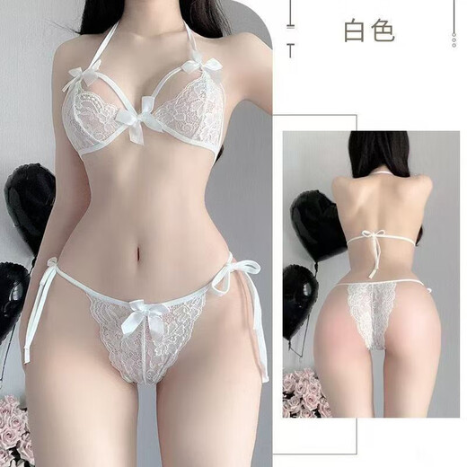 Robertson sexy lingerie sexy lace three-point bra panties women's transparent temptation pajamas set A04 black two-piece set 80-125Jin Jin equals 0.5 kg