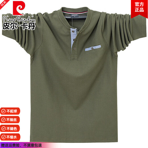 Pierre Cardin pure cotton long-sleeved T-shirt men's spring and autumn plus size thin loose Henry collar sweatshirt Chinese style bottoming shirt Army Green 2XL 170-190Jin Jin equals 0.5 kg