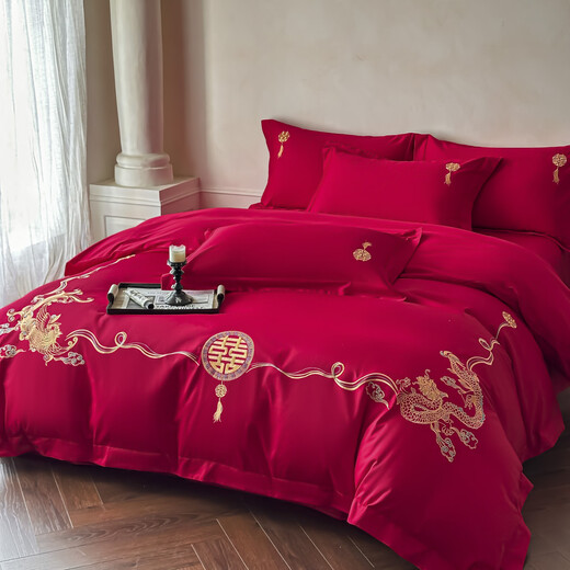 Mercury Series New Chinese Style 100 Count Wedding Four-piece Set Pure Cotton 2025 New Big Red Quilt Wedding Bedding 4-Day Jubilee-Gold 2.0 Meter Sheet Style Four-piece Set-Quilt Cover 220x240