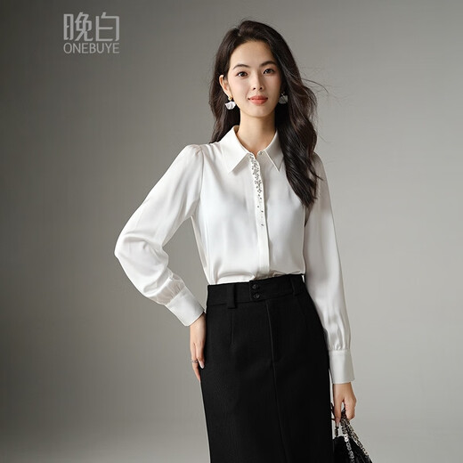 Late White New Product 2025 Autumn Premium Beaded White Shirt Elegant Commuting Shirt Women's Top White XL