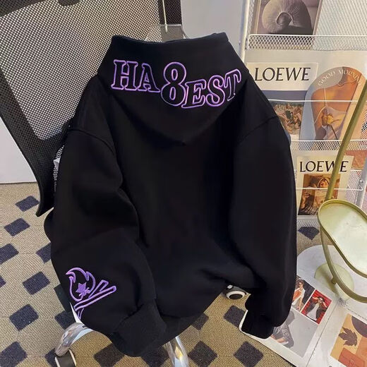 灿图美式加绒字母火焰刺绣连帽卫衣男秋冬季潮牌重磅上衣百搭外套情侣 白色 加绒 L 建议100斤到120斤