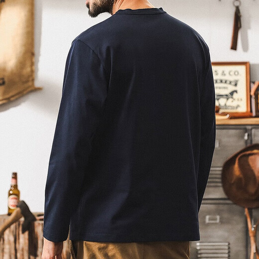 Jeanswest American retro 300g heavyweight long-sleeved T-shirt for men in autumn 2025 new trendy brand loose Henry collar Polo shirt for men, navy blue 300g heavyweight 2XL suitable for 160-180Jin Jin equals 0.5 kg