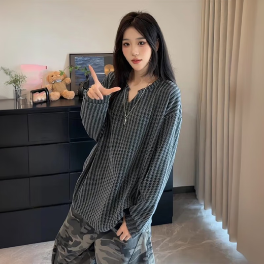 Yiran presents herringbone pattern American Henry collar sweatshirt for men in autumn, heavyweight houndstooth long-sleeved T-shirt with bottoming shirt for men, gray 3XL, recommended 165-180Jin Jin is equal to 0.5 kg