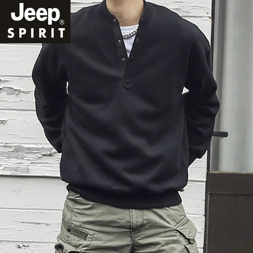 JEEP SPIRIT large size 300Jin Jin is equal to 0.5 kg large size men's Henry collar sweatshirt men's autumn and winter new American trendy brand loose top bottoming shirt black M