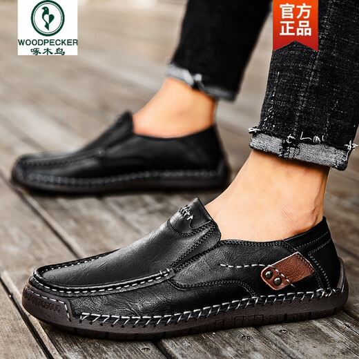 
Woodpecker men's casual leather shoes autumn leather one-foot lazy business casual soft leather soft sole bean shoes dad men's shoes black [9916 four seasons] 38