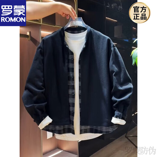 ROMON's new autumn style fake two-piece jacket for men, simple, fashionable, loose and versatile, Henry collar cardigan sweatshirt new product, black M 100-120Jin Jin is equal to 0.5 kg