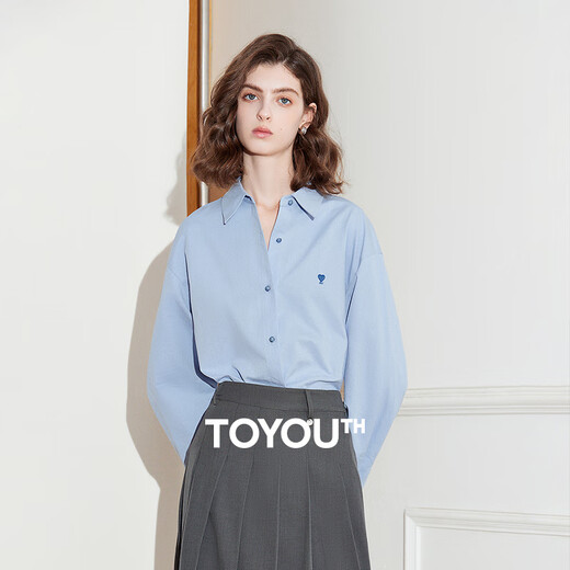 Chuyu love embroidered shirt for women 2025 new autumn style simple versatile solid color top pure cotton shirt sky blue XL