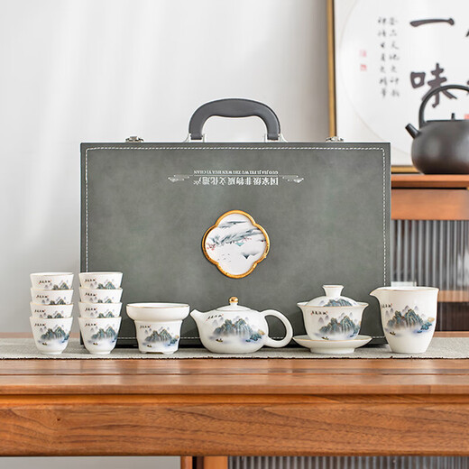 Gold inlaid jade mutton fat jade porcelain tea set Household ceramic tureen teapot teacup Kung Fu tea set complete gift box Taoyuan Yiju teapot tureen set 13 pieces