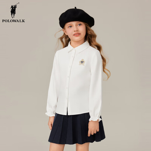 POLOWALK children's clothing girls long-sleeved shirt 2025 autumn new versatile casual middle and large children's lapel top white 120 120cm