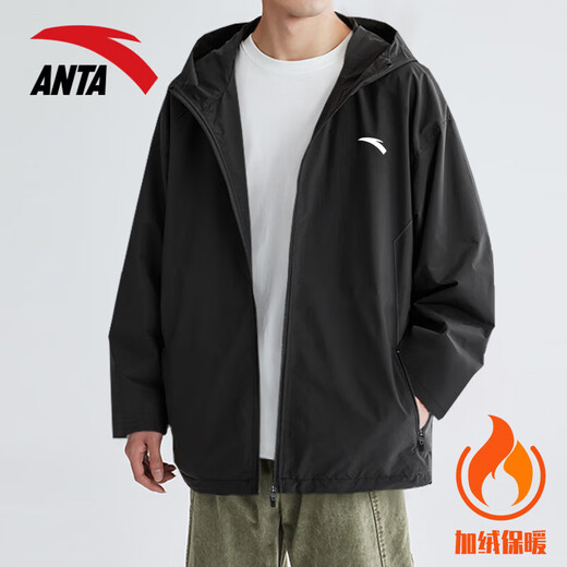 ANTA velvet jacket for men 2025 autumn and winter windproof and water-repellent windbreaker hooded mountaineering assault sportswear for men 7601-4 basic black hooded plus velvet to keep warm L /175 suitable for 120-140Jin Jin equals 0.5 kg