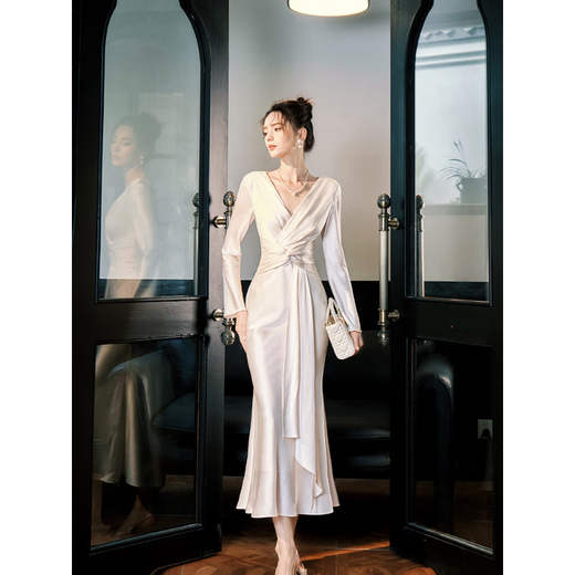 GJFD Guyue French twist satin high-end dress long-sleeved birthday white temperament slim fishtail dress light champagne L