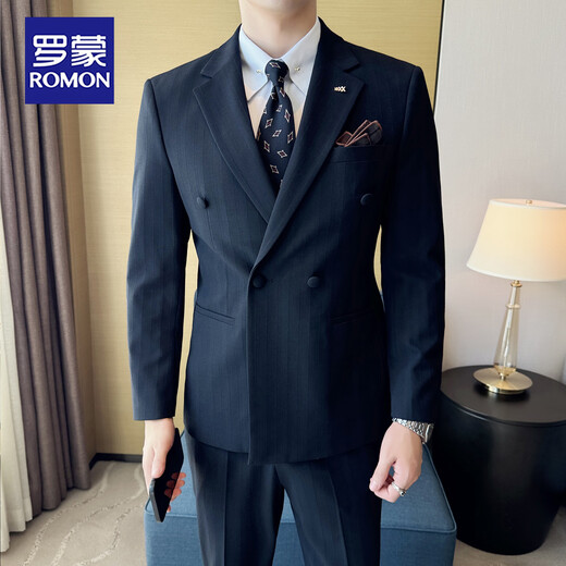 ROMON commuting simple business casual double-breasted suit suit groom Korean version men's slim suit formal dress men black suit + vest + pants 6XL /62 190-205Jin Jin equals 0.5 kg wear