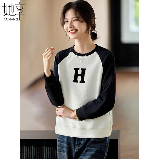 她享加绒卫衣女2025秋冬圆领撞色插肩袖套头上衣保暖外套女T54W094