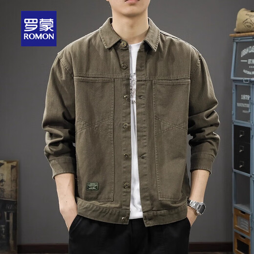 ROMON jacket men's 2025 new autumn and winter top pure cotton workwear loose large size spring casual lapel shirt jacket trend military gray L (suitable weight 120-140Jin Jin equals 0.5 kg)
