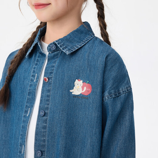 INMAN Children's Clothing Girls Light Denim Shirt Cat Print Spring and Autumn Fashion Lapel Shirt for Middle and Large Children Denim Blue 120