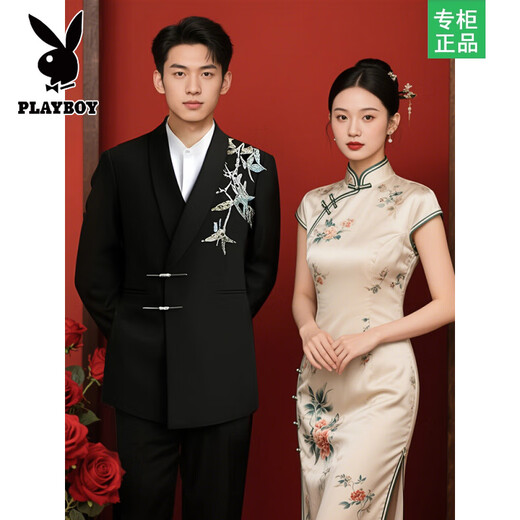 Playboy Suit Shop Loose Embroidery Wedding New Chinese Suit Suit Engagement Groom Wedding Banquet Zhongshan Men's Clothing Black Suit + Pants + Black Gold Button Shirt S
