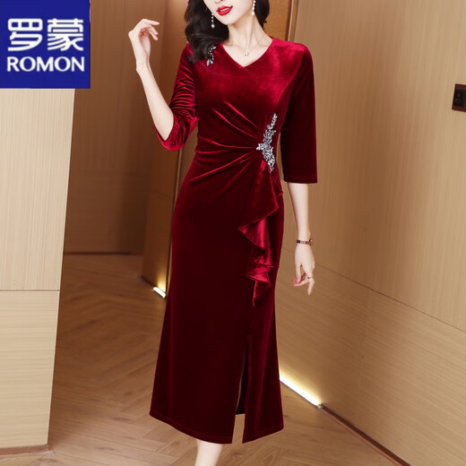 ROMON evening dress for women in spring and autumn, toasting, waist slimming, temperament, wedding banquet, middle-aged mother, high-end elegant mother-in-law dress, burgundy XL