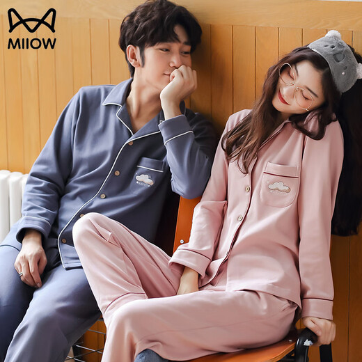 MiiOW new spring and autumn couple pajamas pure cotton men and women home casual long-sleeved cardigan can be worn outside home clothes suit male AM=female 34640-male 34643 XL male