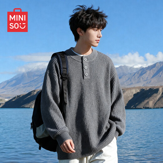 MINISO sweater men's autumn and winter Henry collar sweater Korean style casual outdoor travel sweater sweater trendy bottoming shirt thick Henry collar dark gray L /170 (weight 120-140Jin Jin is equal to 0.5 kg)