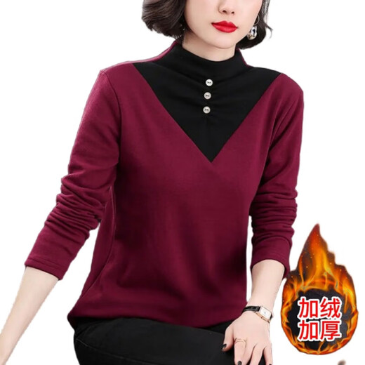 2026 new autumn and winter half turtleneck German velvet thermal clothing for women plus velvet thickened long-sleeved T-shirt can be worn outside, burgundy 3XL recommended 135-150Jin Jin equals 0.5 kg